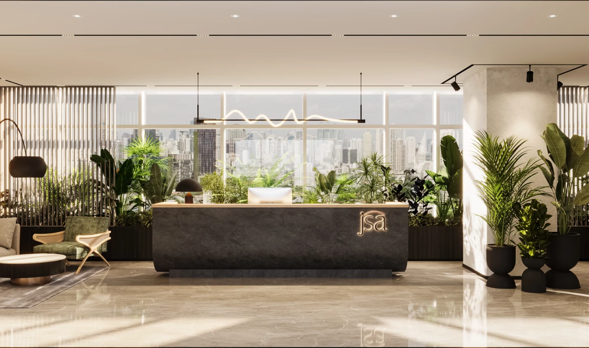 Workspace interior using recycled wood and low-emission finishes
