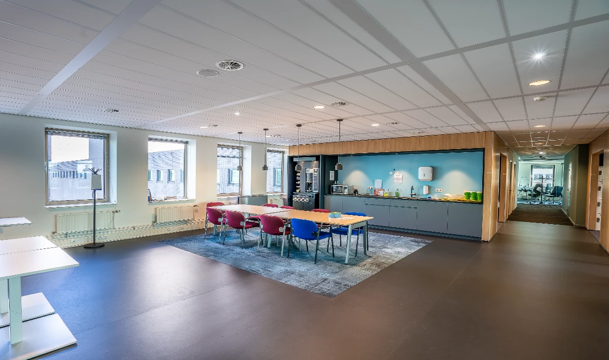 Floating gypsum ceiling sections defining office activity zones