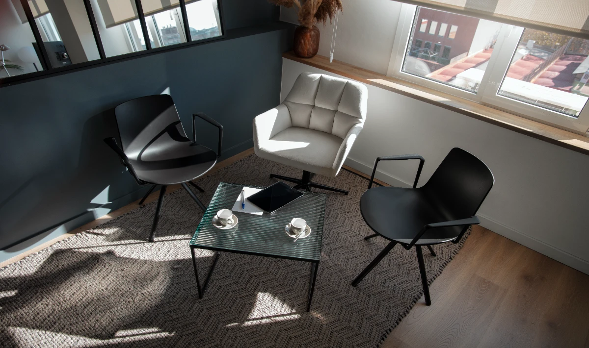 Clean contemporary office furniture using simple lines and soft tones