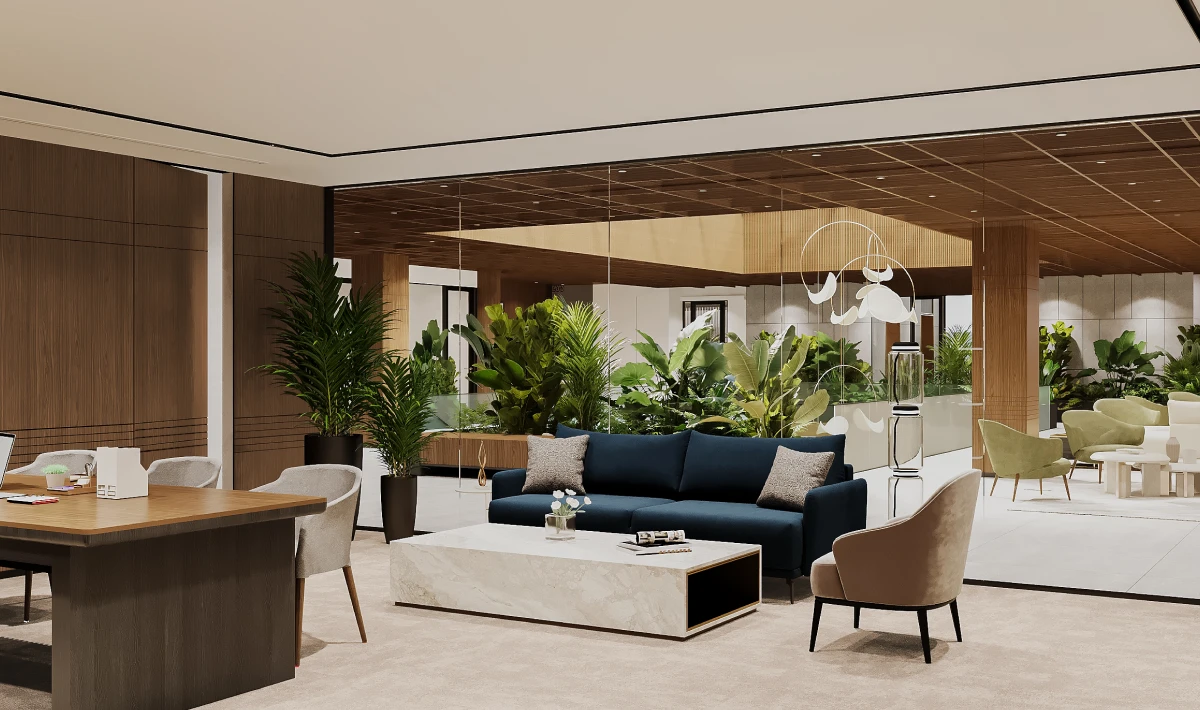 Eco-conscious office interior design trend using sustainable materials