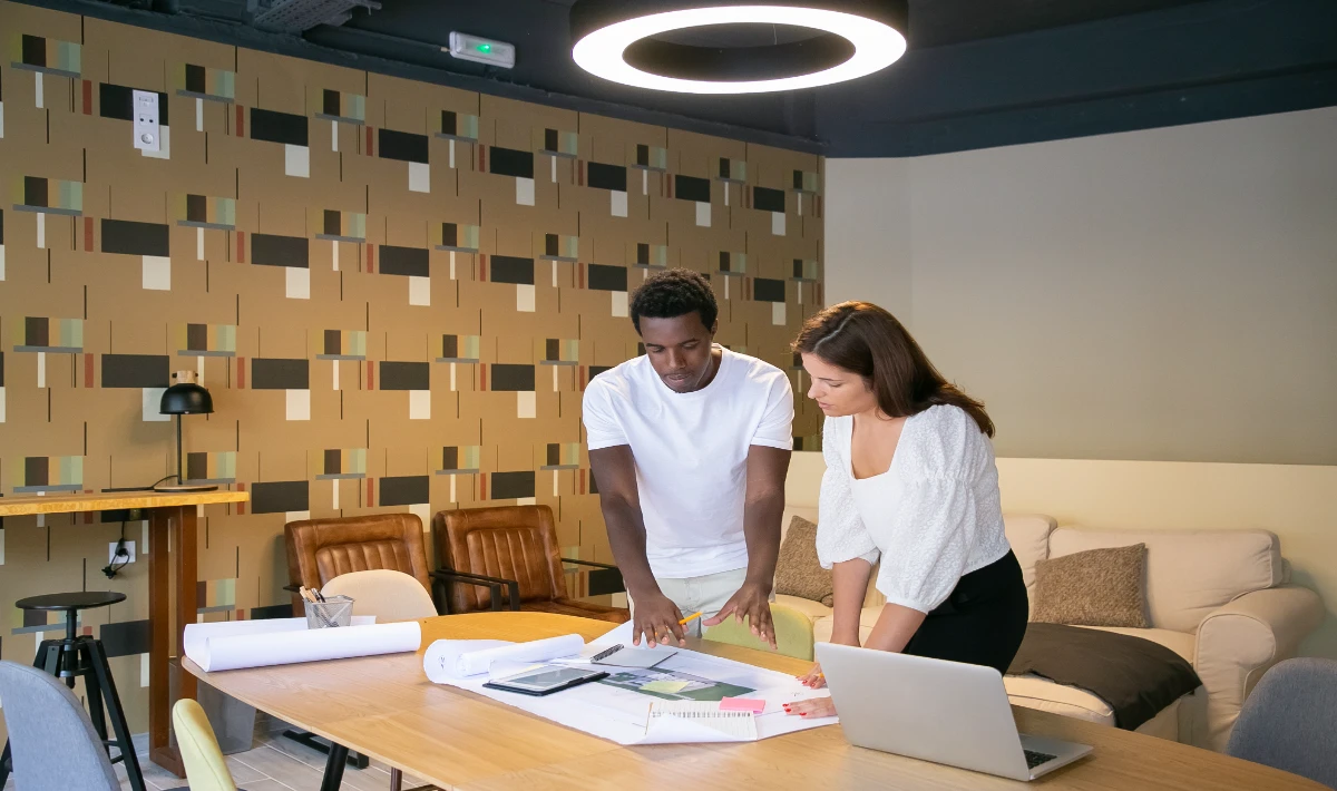Corporate office interiors expressing brand identity through materials