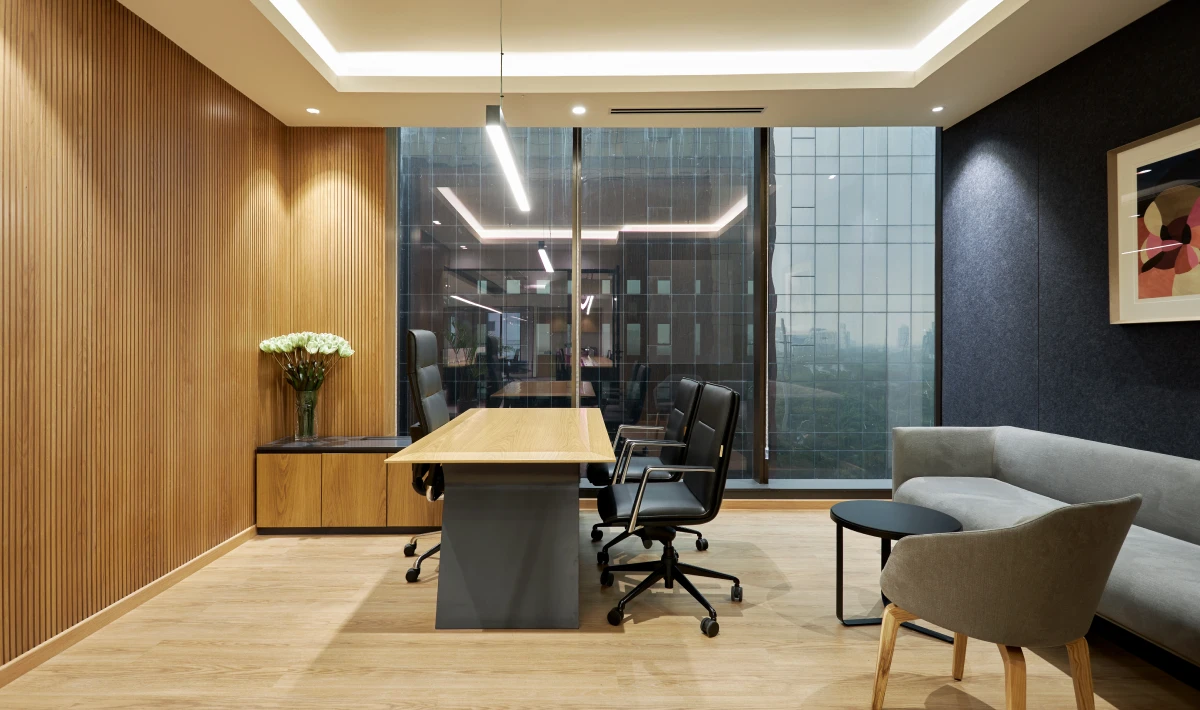 Boss cabin design idea with compact visitor seating arrangement