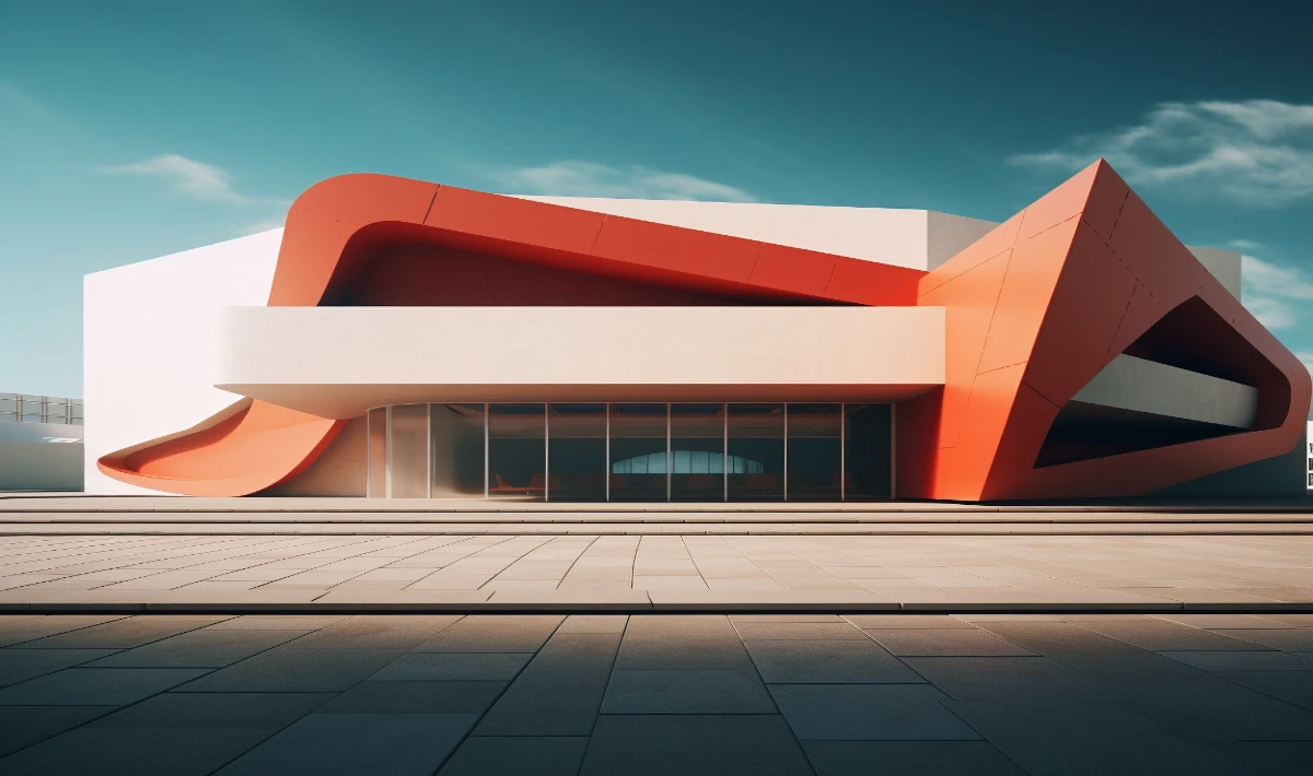 Office exterior design with clean walls, tall windows and landscaping