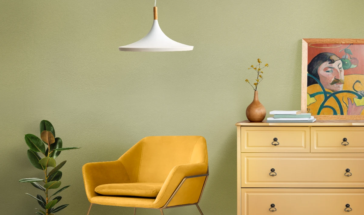 Beige and olive green office room colour design for calm interiors