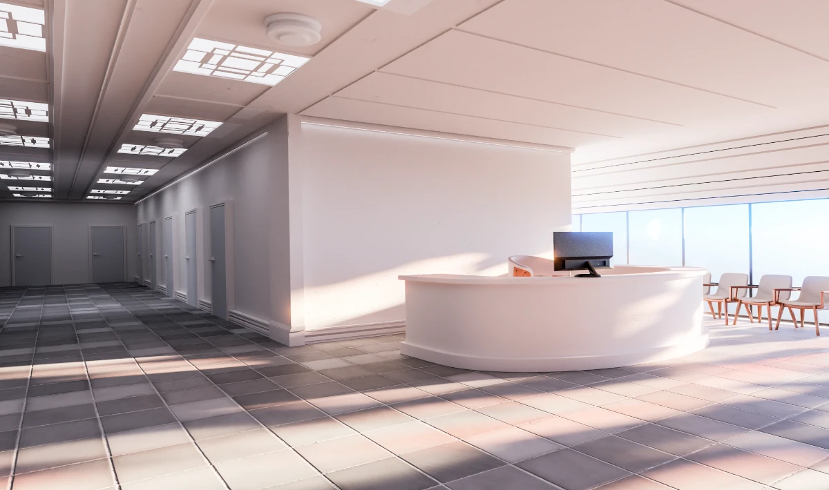 Office reception design created by using high-tech materials.