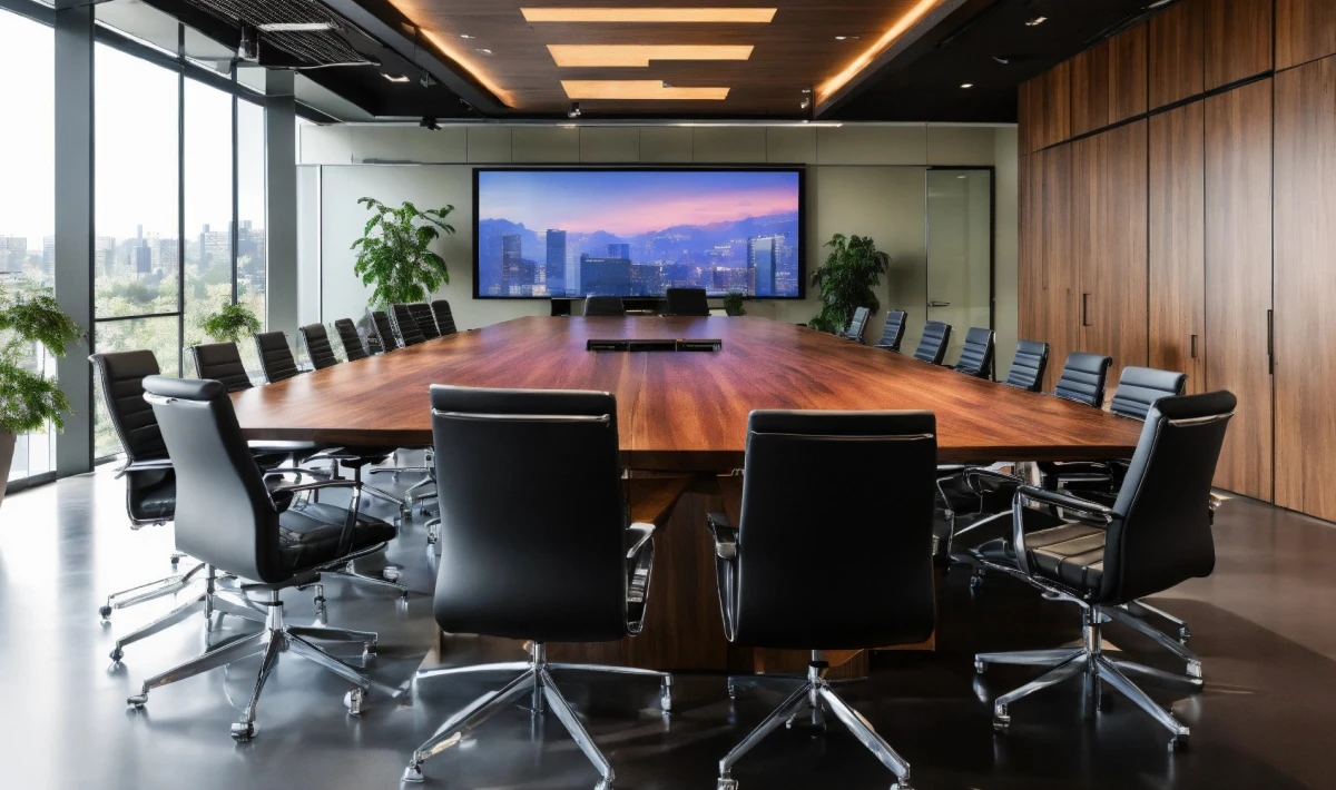 Modern office interior with concealed wiring and integrated tech