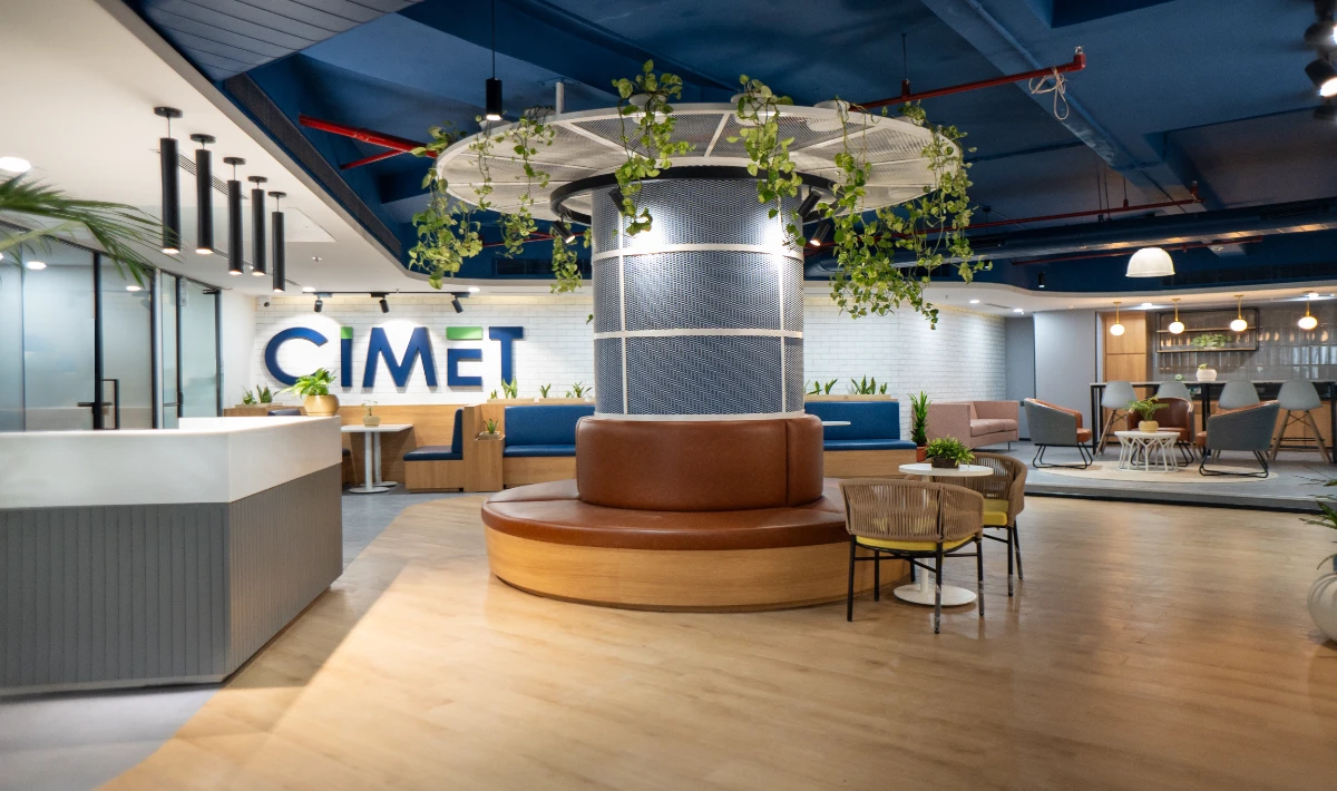 Office interior design with indoor plants and natural light workspace