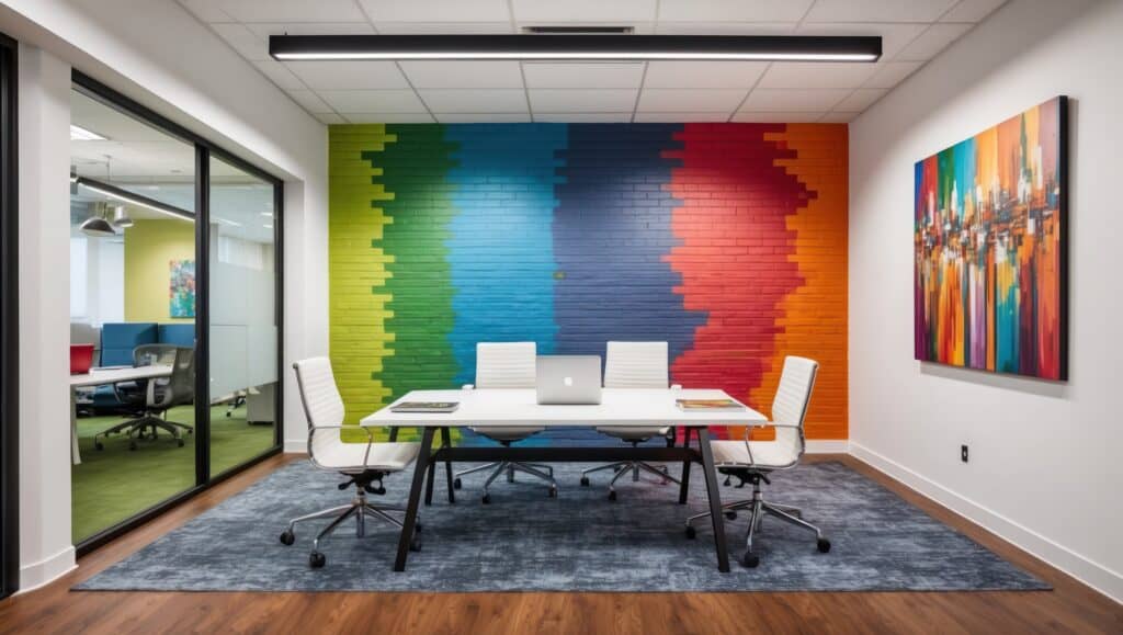Modern office space with colourful walls, promoting creativity and collaboration