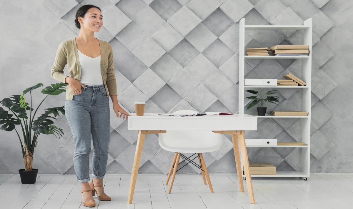 Home office design ideas using wall storage to keep floors clear