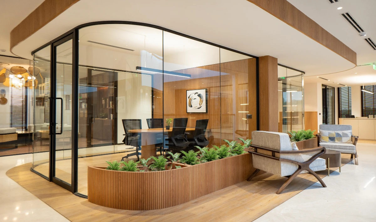White corporate office design with reception desk and professional layout