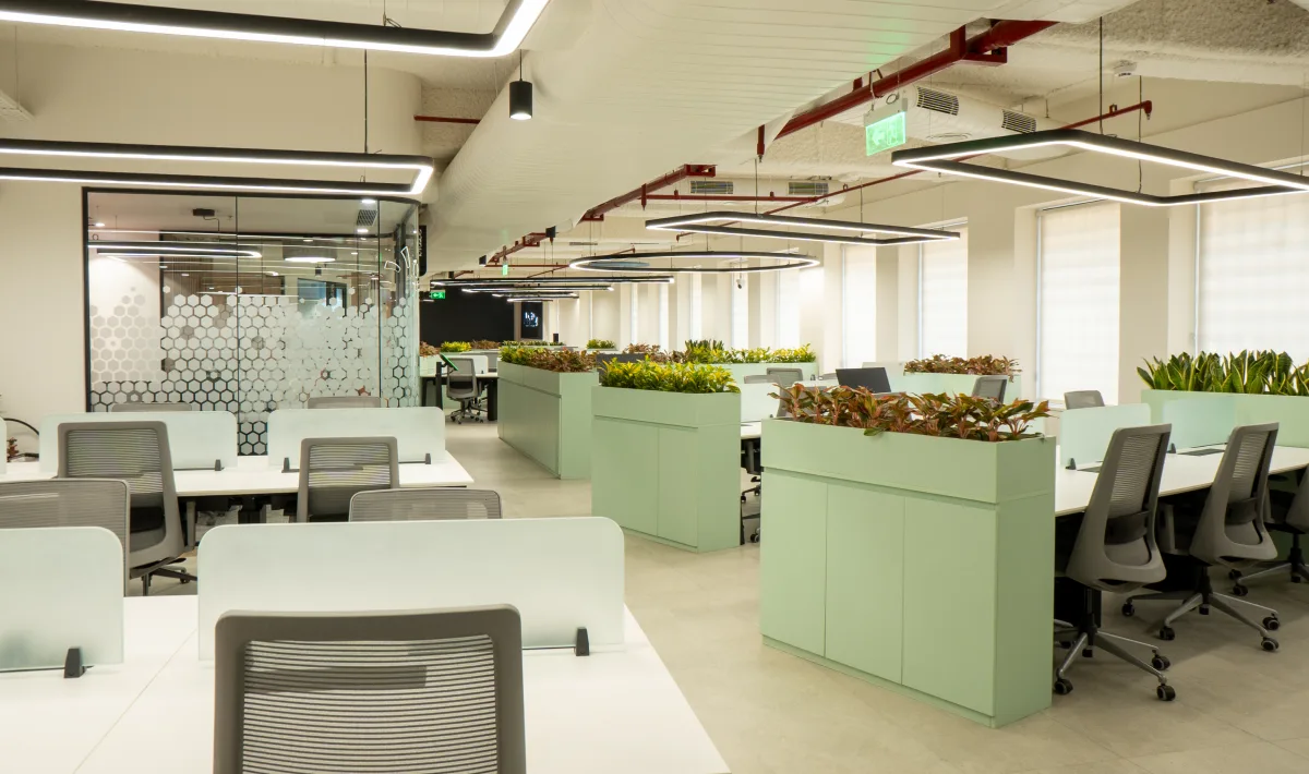 Office room interior design with compact and hidden storage units