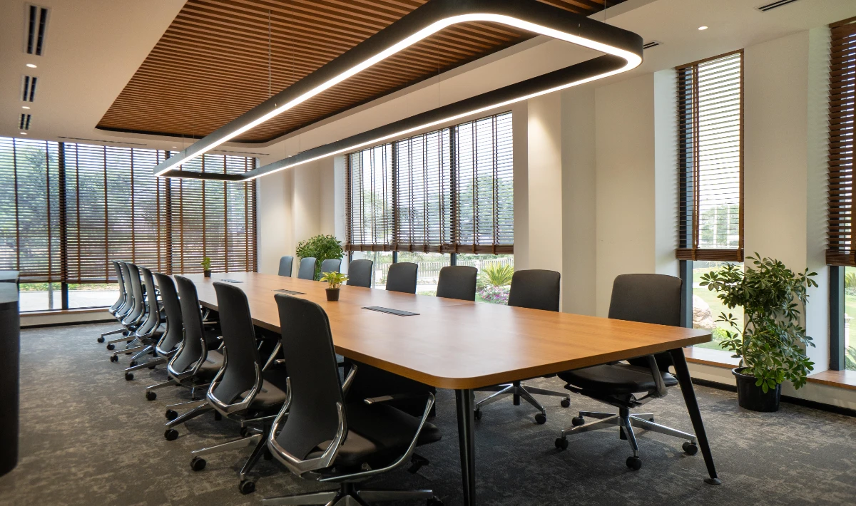 Wooden ceiling office interior design adding warmth and acoustic comfort