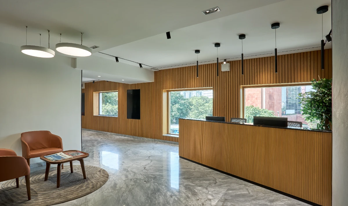 Wooden acoustic wall panels designed to reduce noise in offices