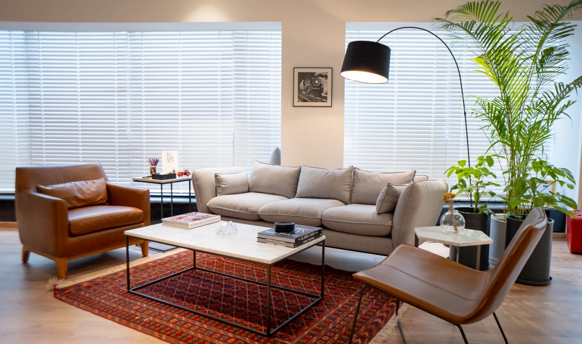 Office workspace with warm colours and soft textured finishes