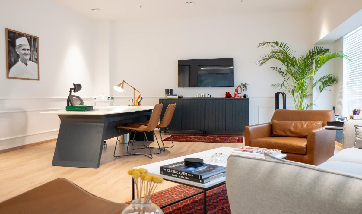 Luxury office interior design with premium materials and lighting