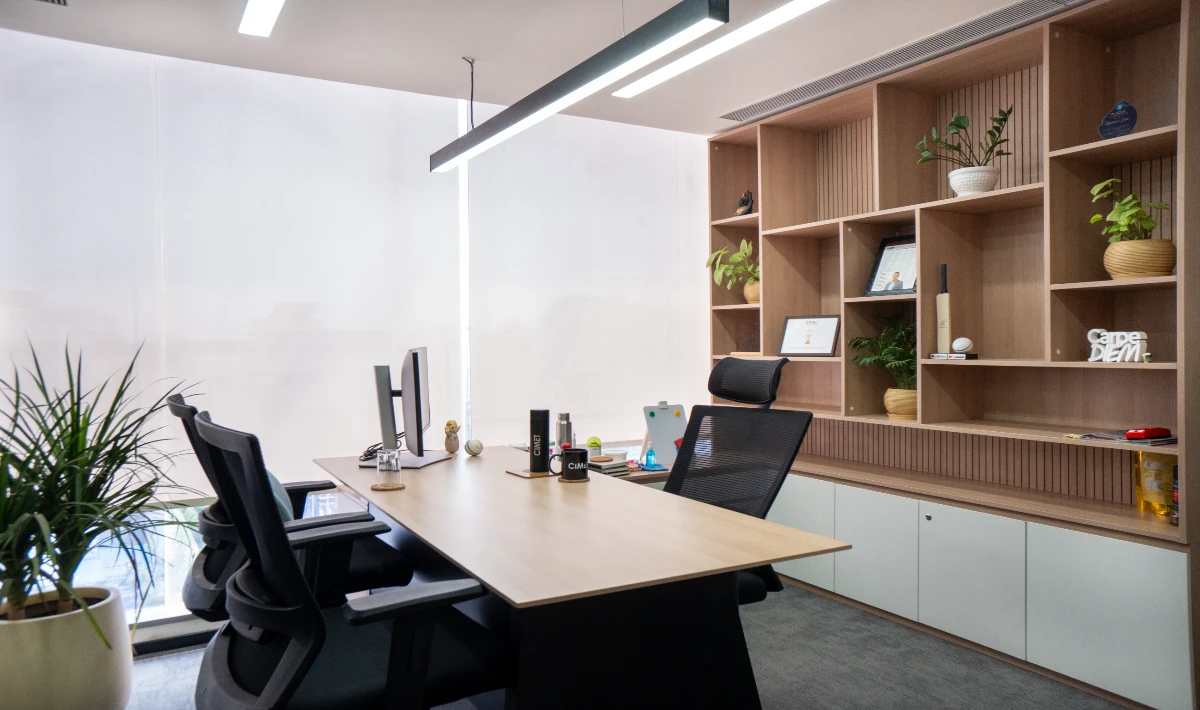 Industrial office interior showcasing visible storage solutions