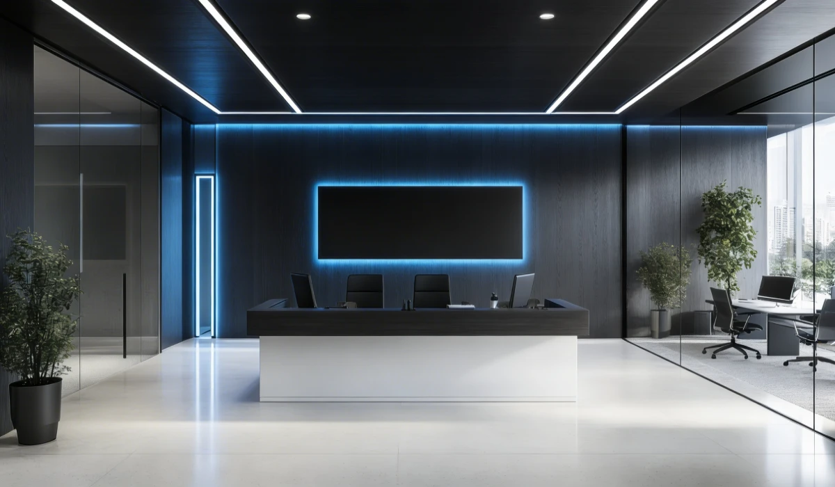 Modern office with hidden technology and seamless workspace setup