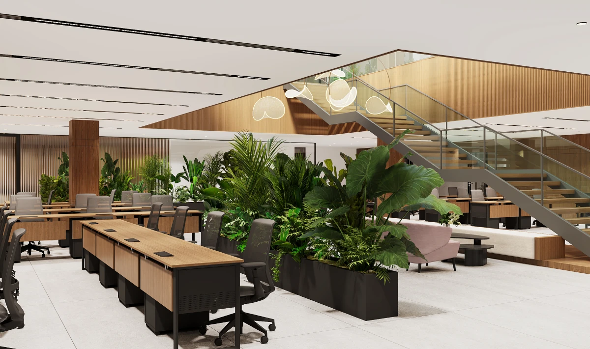Sustainable office interior with eco-friendly materials for employee well-being