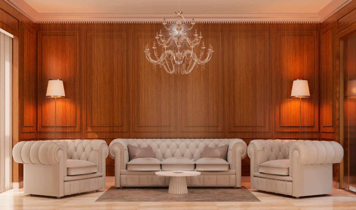 Classic wooden wall panelling design creating a formal office backdrop