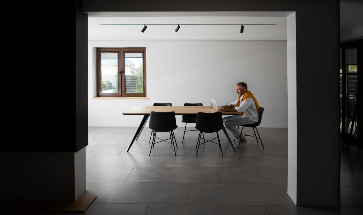 Charcoal grey and white office colours creating a clean, modern feel