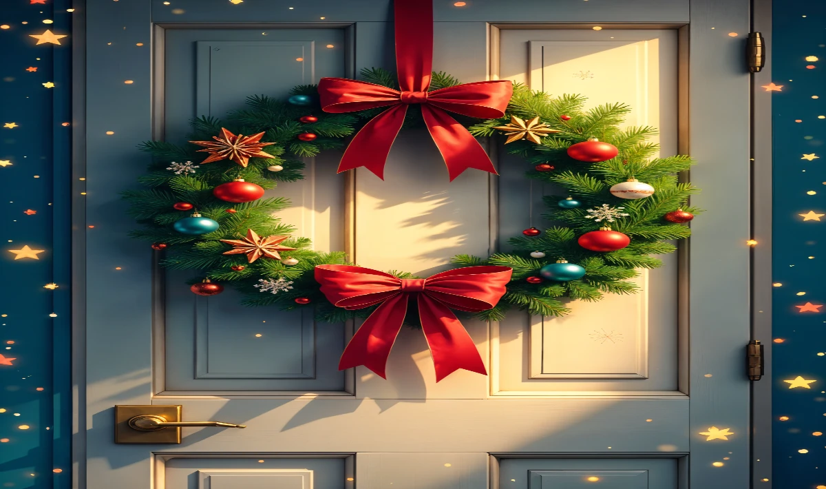 Office door frames wrapped in Christmas-themed paper for a bright entry look