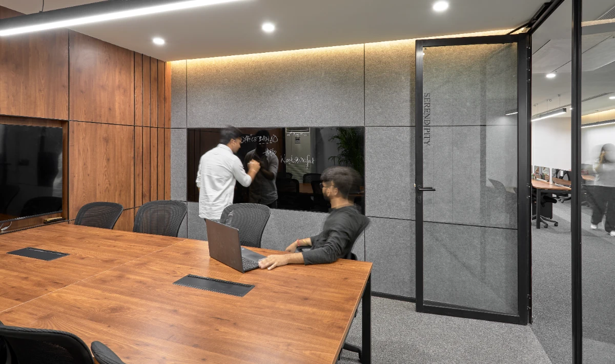 Textured wooden wall panels adding visual interest to office spaces