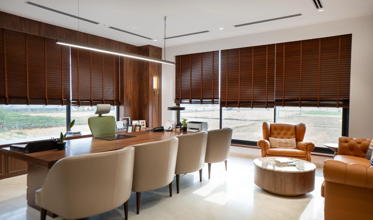 All white office interior with marble flooring and premium lighting