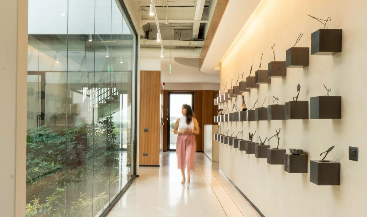 Office interior with custom artwork and brand identity elements