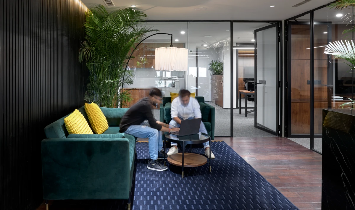 Client areas separated from employee work zones