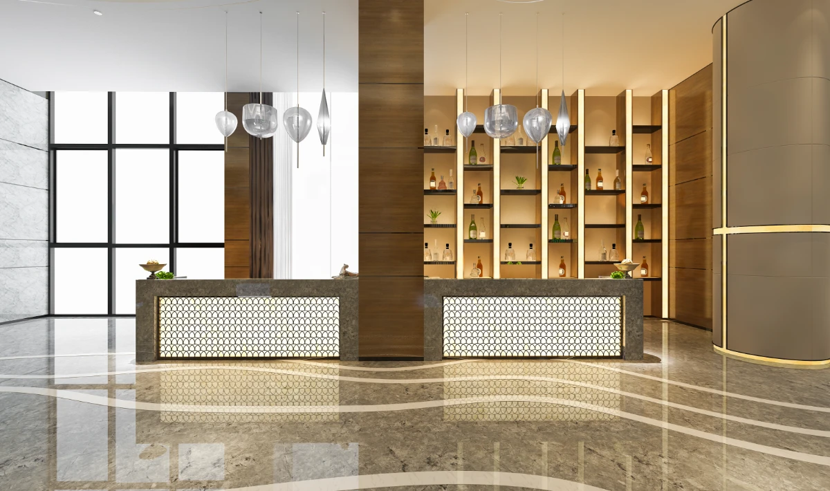 Luxury office reception design using refined materials and calm layouts