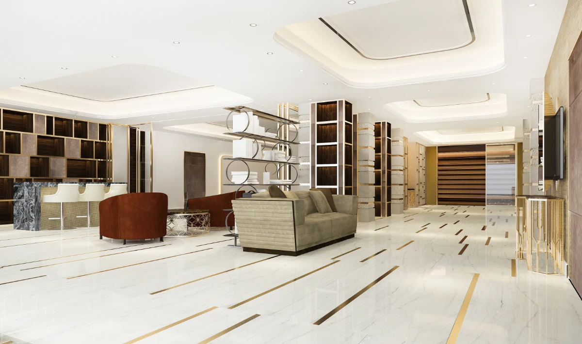 Modern luxury office interior design using marble, wood, and leather