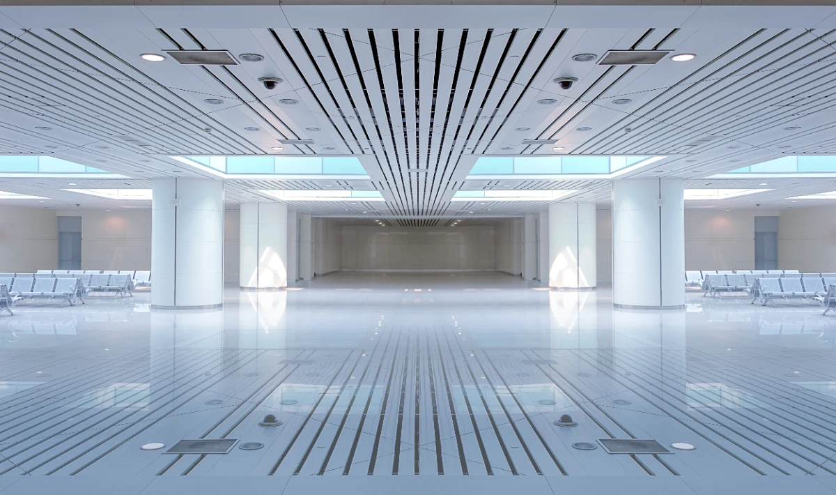 Office ceiling design for dynamic visuals using digital projection.