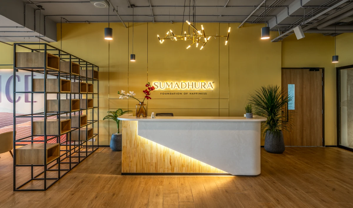 Office interior reflecting brand identity through design elements