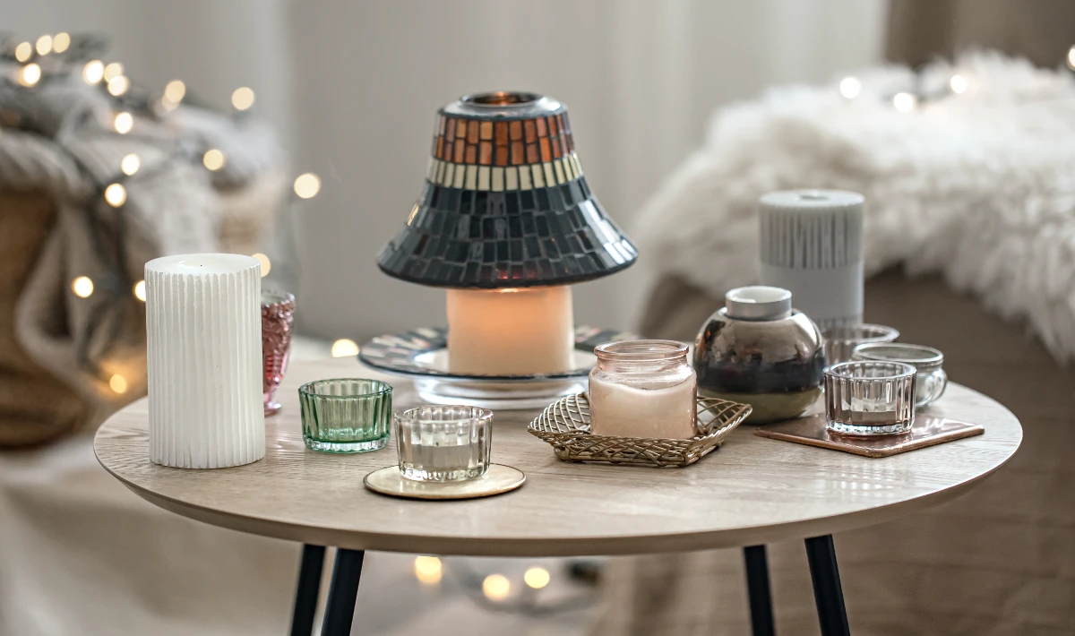 Battery-powered candle lamps placed on office desks for a warm, soft glow