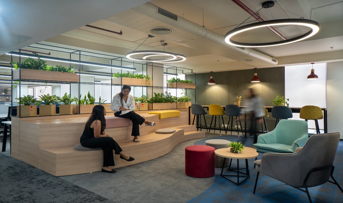Industrial office breakout area completed with raw finishes