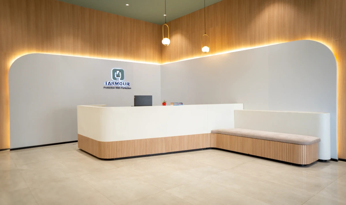 Industrial white office interior with exposed ceiling and metal elements