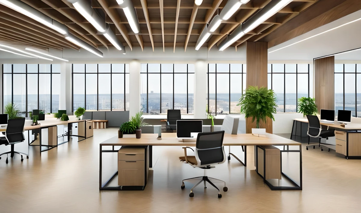 Ergonomic office furniture setup with adjustable desks
