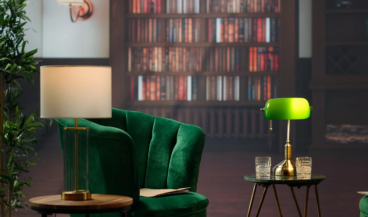 Deep emerald green and gold office colours with a rich, elegant tone