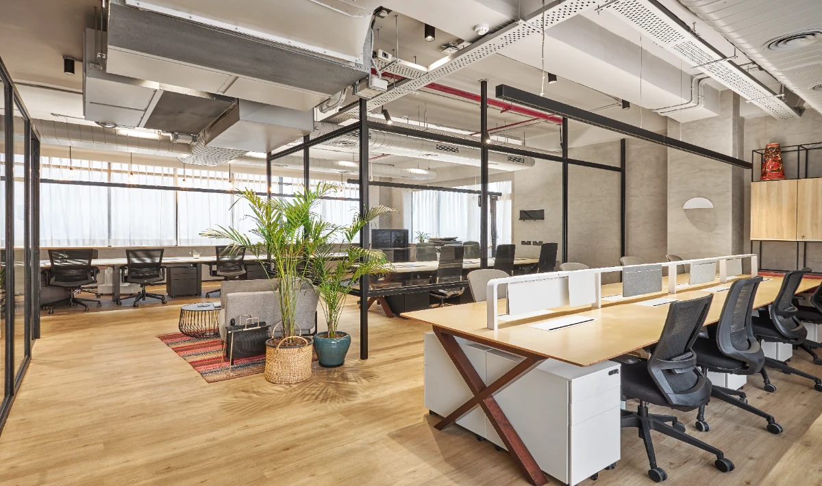 Open layout wooden office interior with clearly defined functional zones
