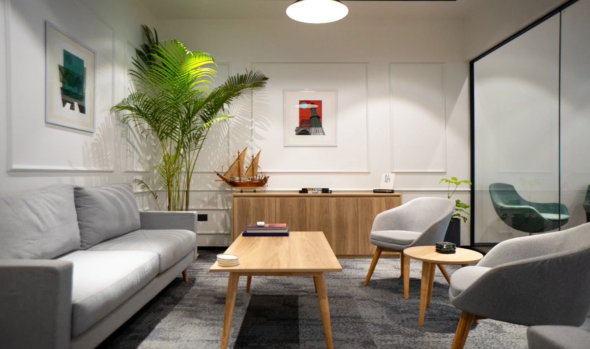 Scandinavian white office interior with wood accents and natural lighting