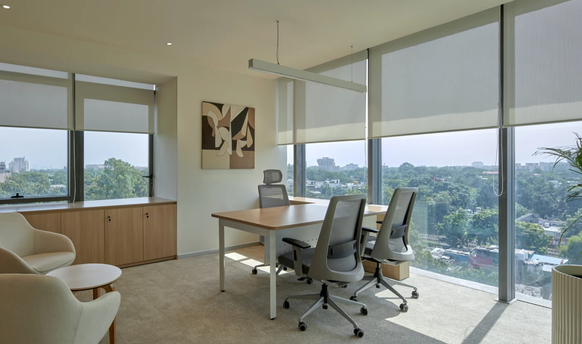 Neutral colour boss cabin interior design for a calm workspace