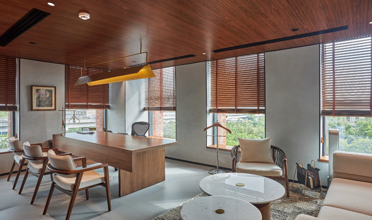 Modern minimal wooden office interior with clean furniture and light finishes