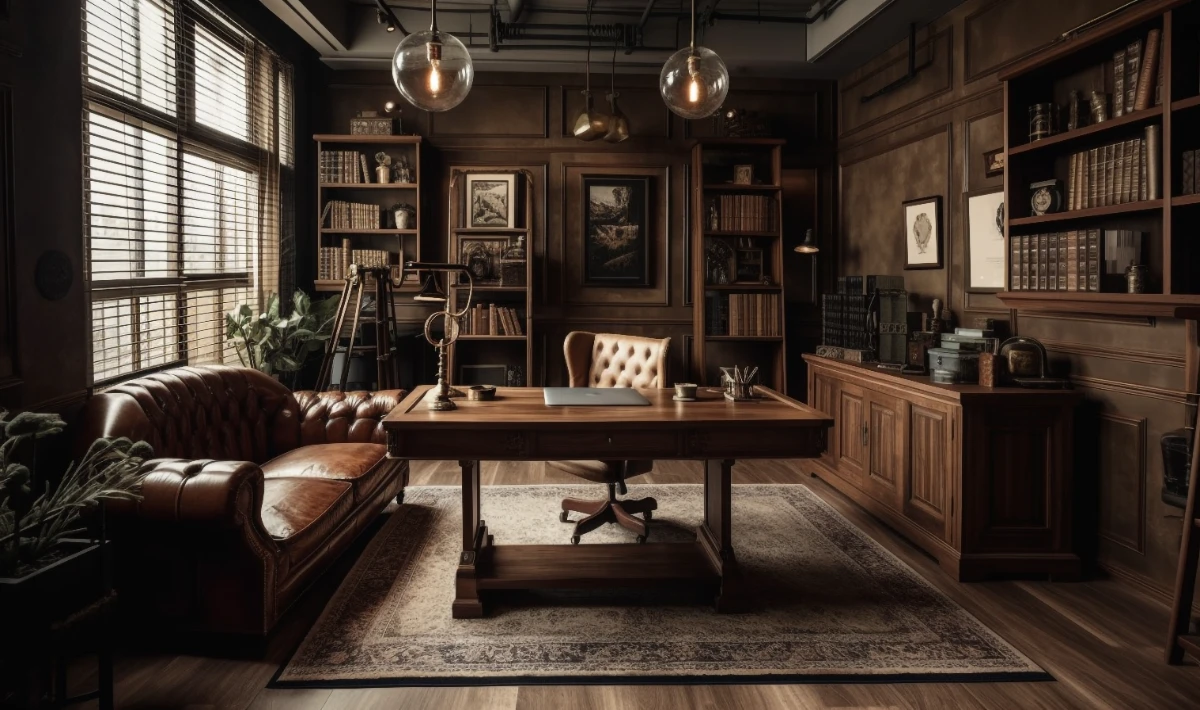 Classic wooden office design showing warm tones and a clean finish