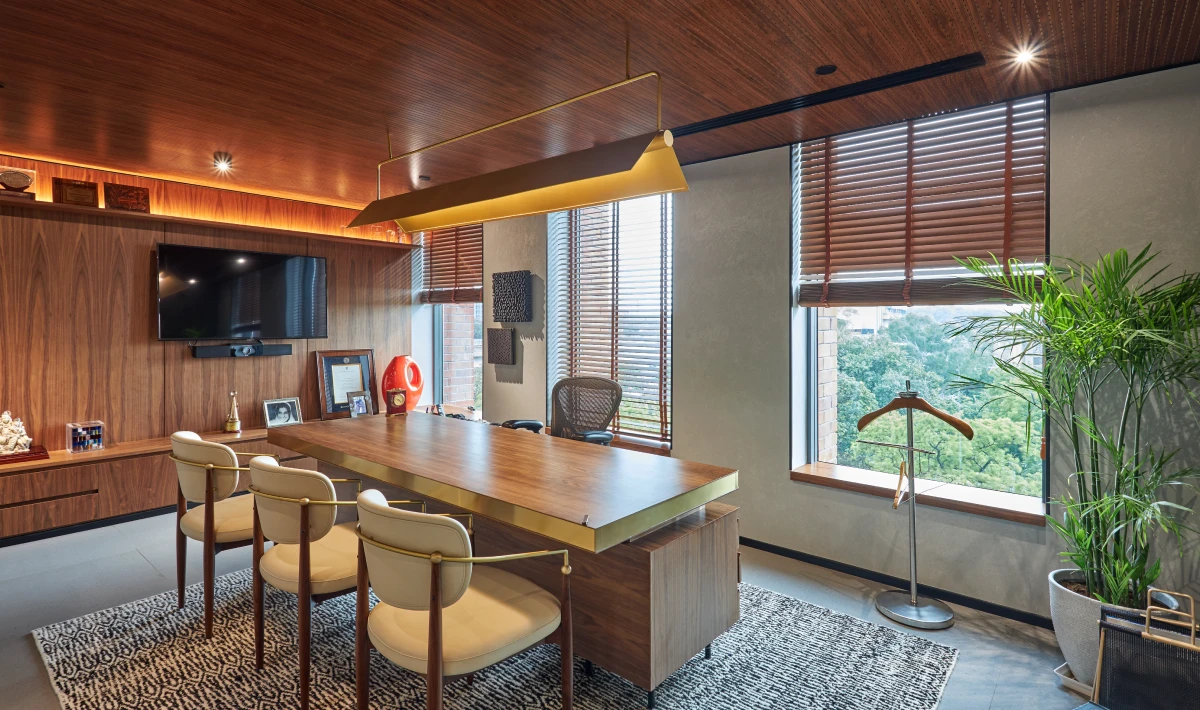 Boss cabin interior design with warm wooden furniture finish