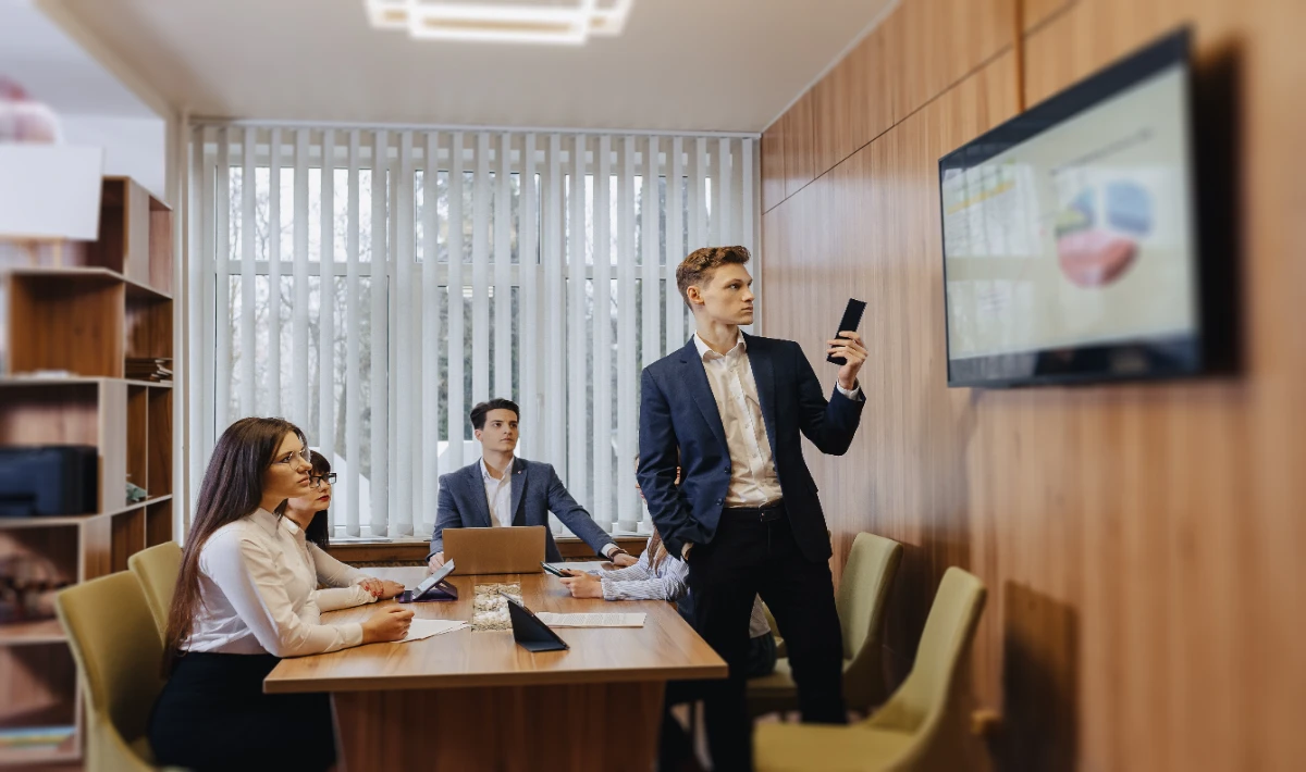 CEO office with sound-controlled meeting space for private talks