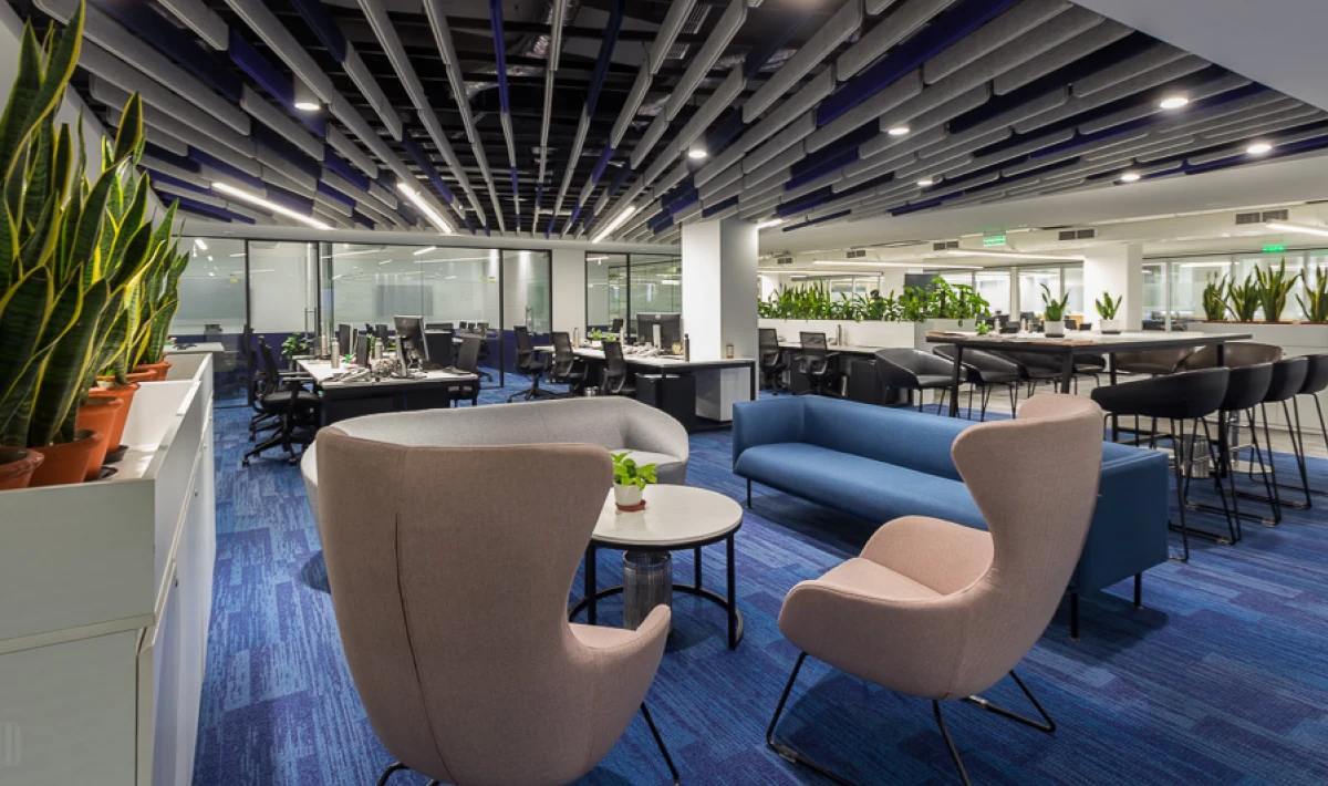 Collaborative office space with open seating arrangement