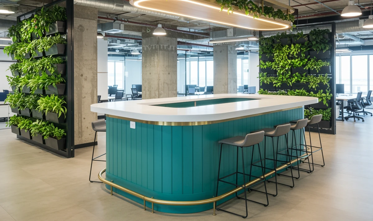 Hybrid office design with shared desks and flexible seating for functionality