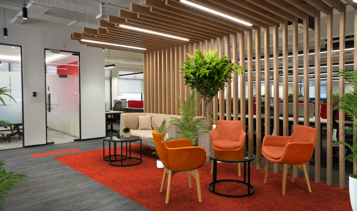 Office interior featuring deep colour tones and dramatic accents
