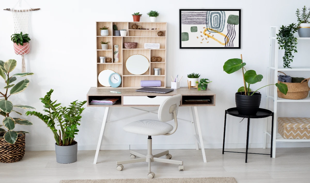 Home office design ideas showcasing light colours to keep spaces calm