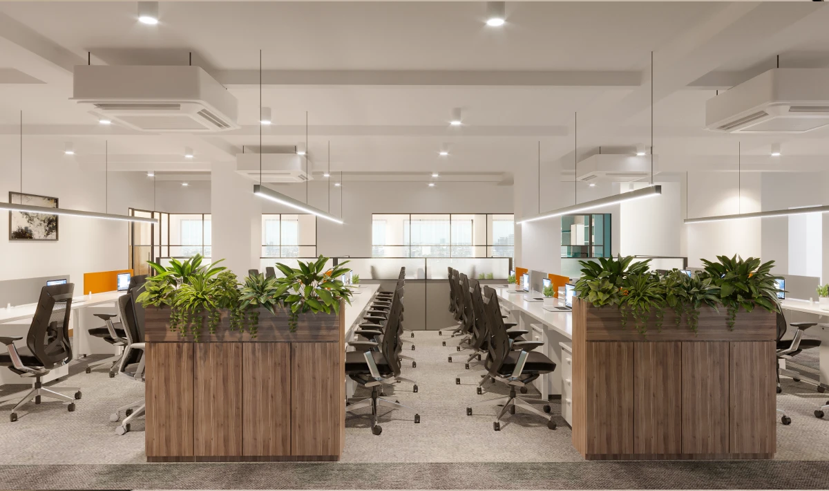 Office space featuring indoor plants and natural daylight access